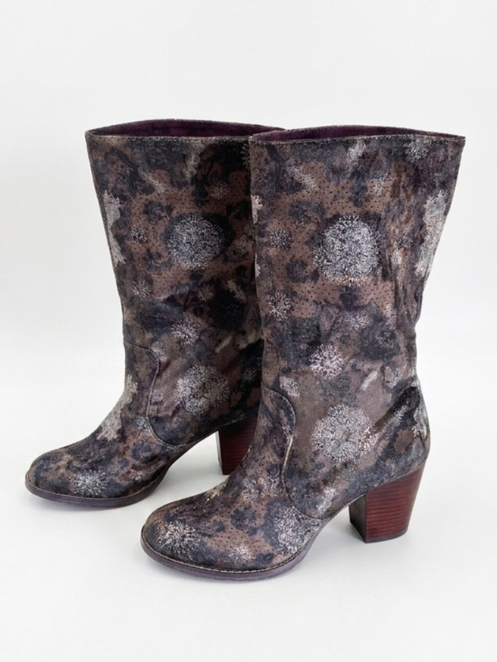 Desigual Lamezia Crushed Velvet Boots EU 41 US 9 Floral Metallic Mid-Calf Block